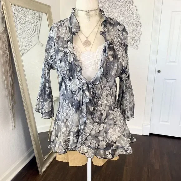 Studio 1940 Silver Grey Sheer Mesh Early 2000's Ruffle Front Tie Cardigan 14 16 - Picture 3 of 7